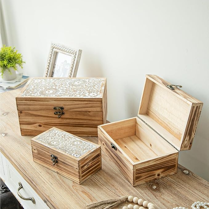Set of 3 Wood Decorative Boxes, Rustic Farmhouse Keepsake Box Wooden Box with Hinged Lid and Floral Carved Design, Decorative Boxes for Home Decor, Brown