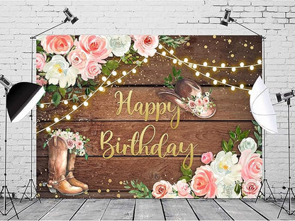 SVBright Cowgirl Birthday Backdrop 8Wx6H Western Rustic Country Wooden Plank Pink Flower Floral Happy Birthday Baby Shower Hat Plant Decorations Photography Background Banner Photo Booth Studio