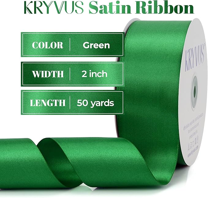 Green Satin Ribbon, Double Faced 2 Inch X 50 Yards Green Ribbon, Premium Satin Ribbon for Gift Wrapping, Crafts, Hair Bow Making, Sewing, Flower Bouquet, Wedding Party Decor