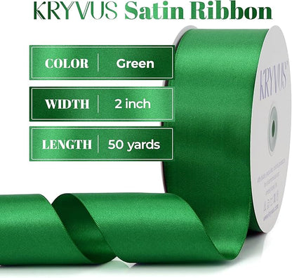Green Satin Ribbon, Double Faced 2 Inch X 50 Yards Green Ribbon, Premium Satin Ribbon for Gift Wrapping, Crafts, Hair Bow Making, Sewing, Flower Bouquet, Wedding Party Decor