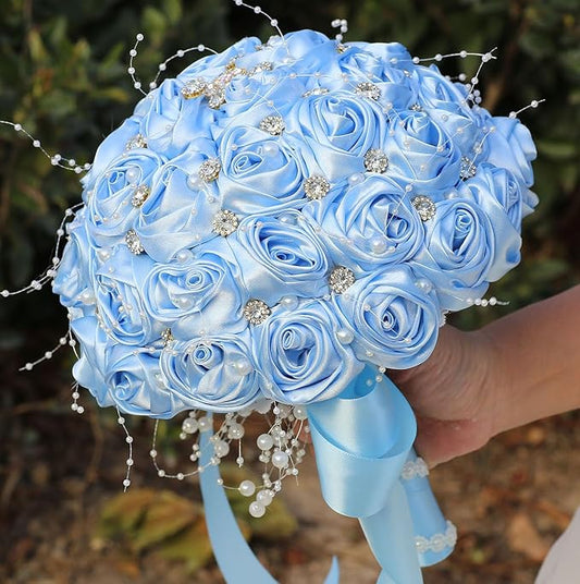 Bridal Wedding Bouquet Round Bling Brooch Bouquet Throw Toss Artificial Rose Flower Bunch for Bride Bridesmaid Wedding Quinceanera(Light Blue, 8.7")