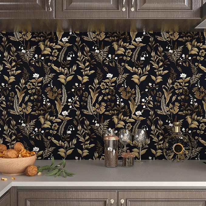Extra Long Dark Navy Vintage Floral Wallpaper 17.5In x 393In Boho Peelable Contact Paper Botanical Wall Paper Waterproof Stick on Backsplash Bedroom Cabinet Drawer Deep Blue Yellow Gold