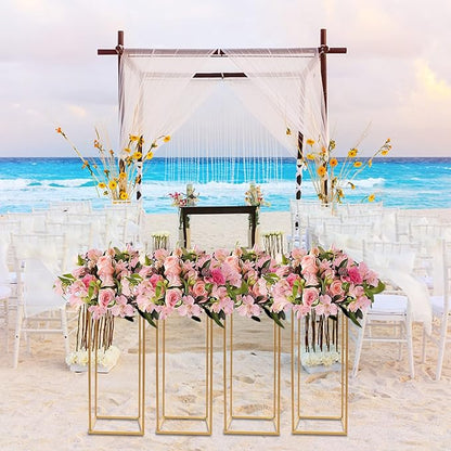 4PC 23.6" Flower Stand for Wedding Metal Cylinder Stands for Party Rectangular Gold Centerpieces Flower Vase Gold Pedestal Columns for Weddings Indoor Outdoor Flower Plant Stand Decoration