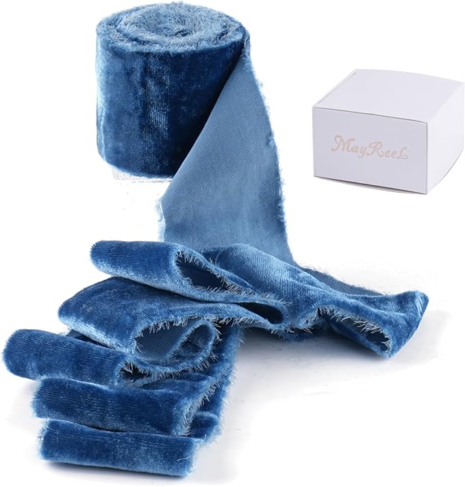 MAYREEL 2 Inch Blue Velvet Ribbon Hand Torn Navy Blue Silk Frayed Edge for Bridal Bouquets Invitations Wedding Vow Books Gift Baskets Hair Bows 3 Yards
