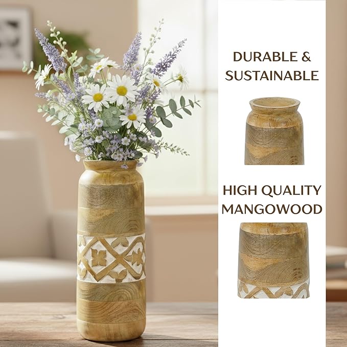 Mela Artisans 12” Mango Wood Vase | Wooden Decorative Flower Vase | Rustic Farmhouse | Medium Burnt | Centerpiece for Living Room | Dining Table | Home Decor