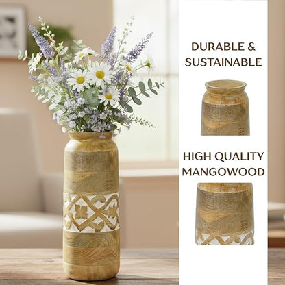 Mela Artisans 12” Mango Wood Vase | Wooden Decorative Flower Vase | Rustic Farmhouse | Medium Burnt | Centerpiece for Living Room | Dining Table | Home Decor