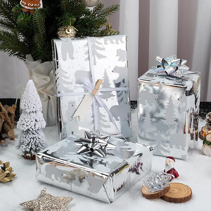 MAYPLUSS Foil Gift Wrapping paper Roll - 17 Inch X 33 Feet - Elegant Silver Christmas Seasonal Festive Gift Wrap Bear w/Glossy Foil-Like Shine Pattern for Christmas, Holiday, Birthday and Art Crafts
