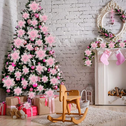 Geosar 24 Pieces Christmas Glitter Poinsettia Flowers Layered Artificial Xmas Flowers Wedding Christmas Tree New Year Ornaments 3/4/6 Inch(Pink)