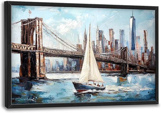 Extra Large Sailboat Framed Wall Art for Living Room,Oversized New York Brooklyn Bridge Pictures Wall Decor,Cityscape Canvas Print Painting Modern Artwork Bedroom Office Bathroom 36L x 24W