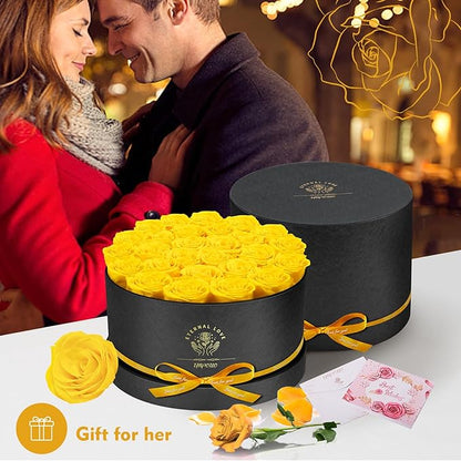 Forever Flowers 27 Roses in A Box, Real Preserved Roses, Birthday Gift for Women, Mother's Day, Anniversary Day - Yellow Rose