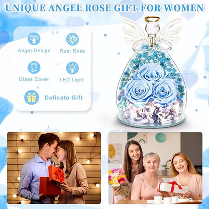 Beferr Christmas Birthday Gifts for Women, Mom Gifts for Christmas Fresh Flowers for Delivery Prime Forever Preserved Rose in Glass Angel Figurine Xmas Gifts for Grandma Wife Sister Her, Light Blue