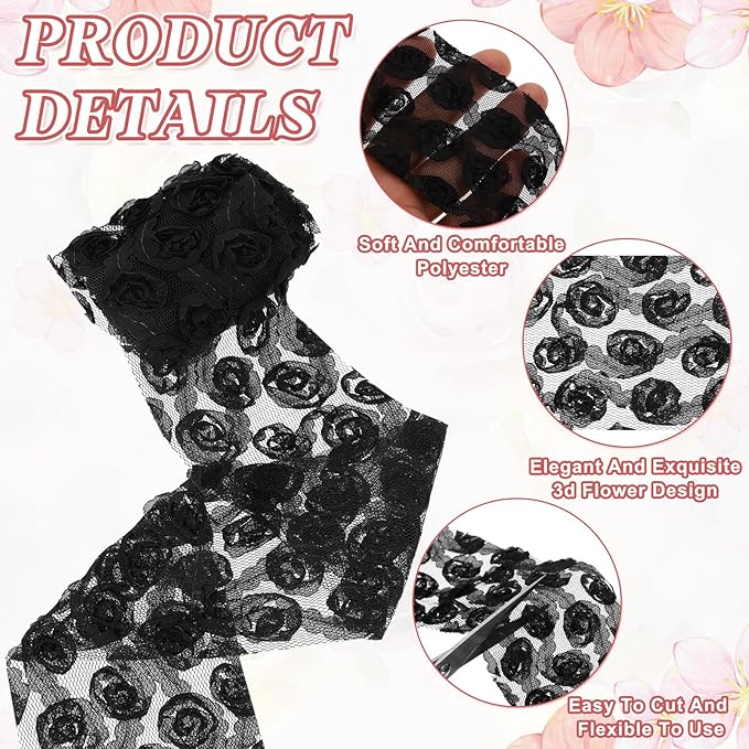 uxcell 2PCS Lace Trim Ribbon, 2.36 inch - 1 Yard 3D Rose Floral Embroidery Ribbons Edge Trimming for Sewing, Wedding Dress, DIY Crafts, Decoration Accessories, Black