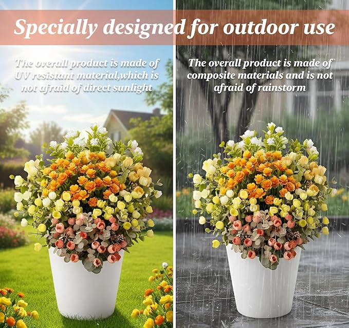 ilauke 7 Bundle Artificial Outdoor Flowers UV Resistant, Realistic Faux Roses in Multicolor for Garden Porch Decoration, All Season Fake Plants Bouquet