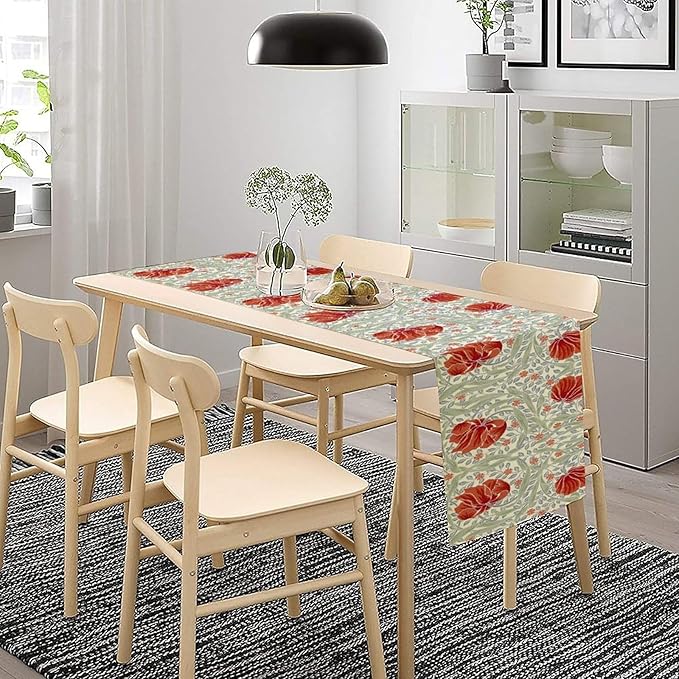 William Morris Table Runner, Retro Red Flowers Green Botanical Country Farmhouse Tabletop Decoration for Kitchen Dining Home Party 13x120 Inch
