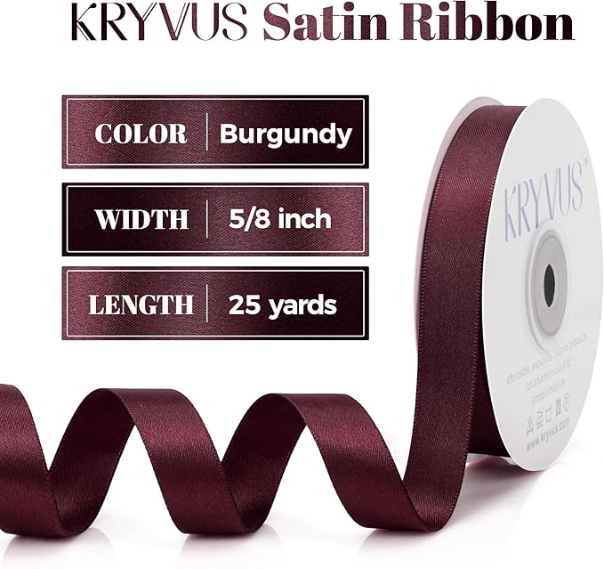 Burgundy Satin Ribbon, Double Faced 5/8 Inch X 25 Yards Burgundy Ribbon, Premium Satin Ribbon for Gift Wrapping, Crafts, Hair Bow Making, Sewing, Flower Bouquet, Wedding Party Decor