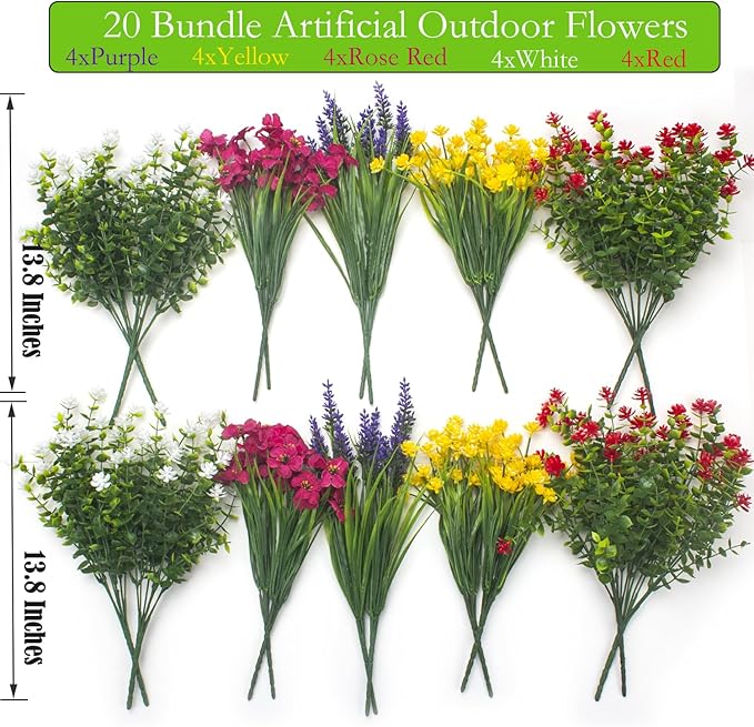 20 Bundles Artificial Flowers for Outdoors, UV Resistant Fake Plants, Faux Plastic Flowers for Home, Window Box, Porch, Indoor, Cemetery, Fall, Summer Decor