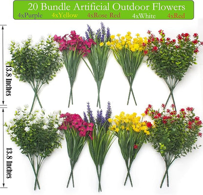 20 Bundles Artificial Flowers for Outdoors, UV Resistant Fake Plants, Faux Plastic Flowers for Home, Window Box, Porch, Indoor, Cemetery, Fall, Summer Decor