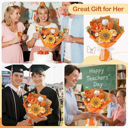 Cilimnas Crochet Flower Bouquet,Orange Knitted Flowers, Handmade Sunflowers Tulips Roses Bouquet for Birthday Anniversary Party Mother's Day Graduation Gifts