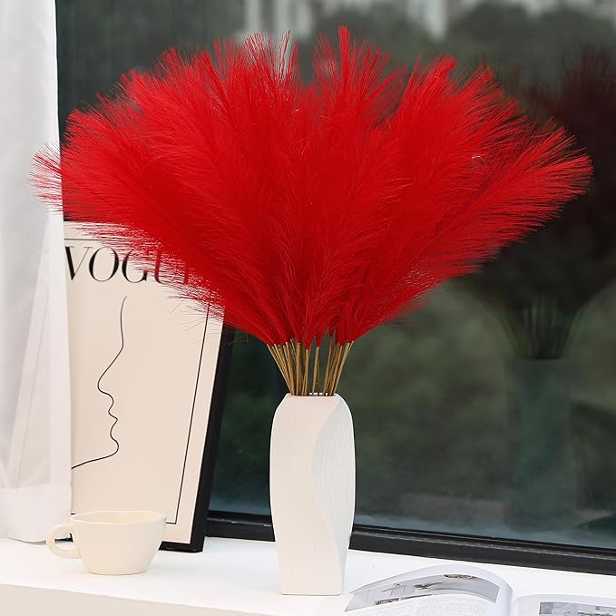 60pcs Red Pampas Grass Decor - 24 Inch Short Artificial Pampas Grass Decor, Fake Pompas Floral for Vase Filler, Wedding Flower Arrangement, Party and Home Decor (Red)
