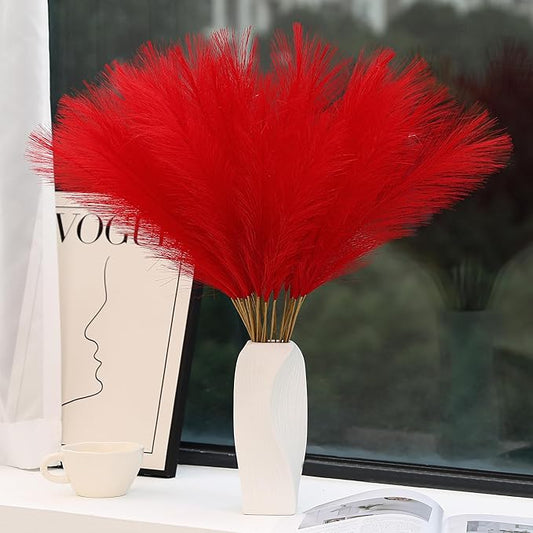 60pcs Red Pampas Grass Decor - 24 Inch Short Artificial Pampas Grass Decor, Fake Pompas Floral for Vase Filler, Wedding Flower Arrangement, Party and Home Decor (Red)