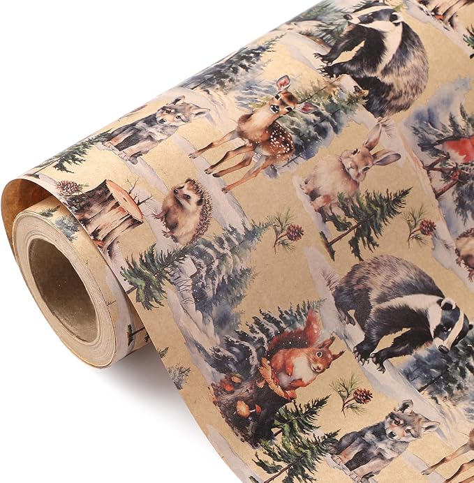 WRAPAHOLIC Kraft Christmas Wrapping Paper - Mini Roll - 17 Inch x 33 Feet - Wild Animals Winterfall Watercolor Design for Christmas, Holiday, Party Celebration