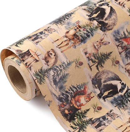 WRAPAHOLIC Kraft Christmas Wrapping Paper - Mini Roll - 17 Inch x 33 Feet - Wild Animals Winterfall Watercolor Design for Christmas, Holiday, Party Celebration
