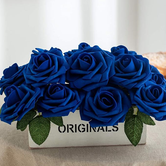 25pcs Artificial Flower Foam Rose Real Touch Roses Flower Heads with Stem for DIY Wedding Bouquets Centerpieces Arrangements Party Baby Shower Home Decor (Royal Blue)