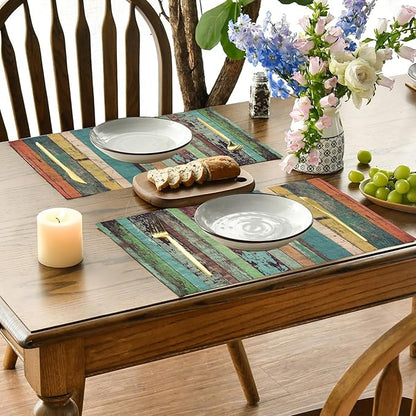 Vintage Colorful Wooden Placemats Set of 4, Placemats Dining Table Mat Set,12x18 Washable Stain Resistant Wipeable Cloth Placemat for Kitchen Buffet Parties