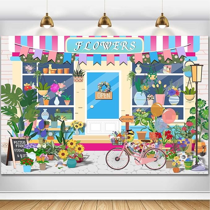 HANYING Cartoon Flowers Shop Backdrop Girl Birthday Baby Shower Party Decor Floral Pot Plants Gardening Tools Photography Background Gifts Florists Booth Banner Photo Booth Studio Props 7x5ft DX02YD