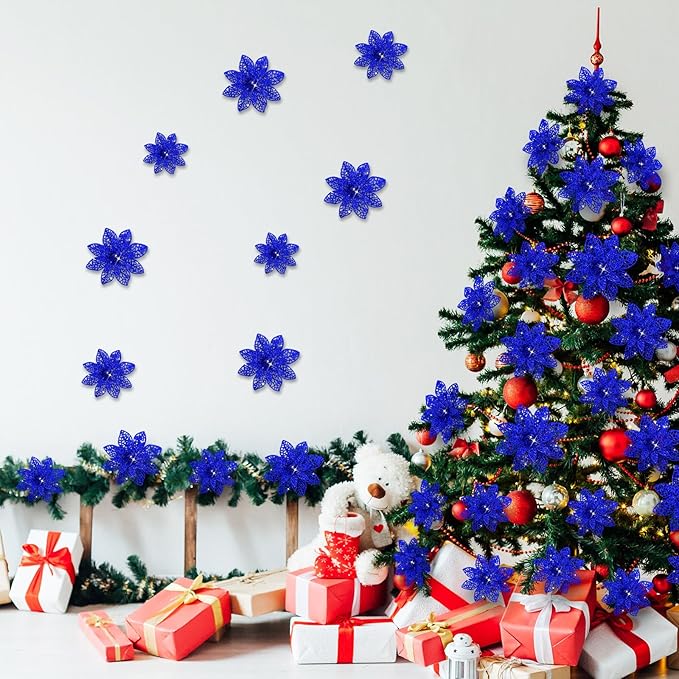 Boao Cobalt Blue 24 Pieces Poinsettia Flower Christmas Glitter Artificial Poinsettia with Clips Christmas Tree Ornament Decorations for DIY Xmas Wreath Holiday Home Party Decor, 3/4/6 Inches