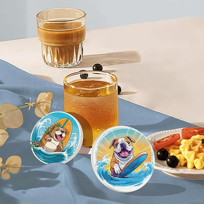 Coaster for Drinks Set of 6, Cute Dog Surfing Absorbing Round Ceramic Stone Coaster with Cork Base,Tabletop Protection Mat for Mugs and Cups,Coffee Table Wine Glass Home Bar 4 Inch