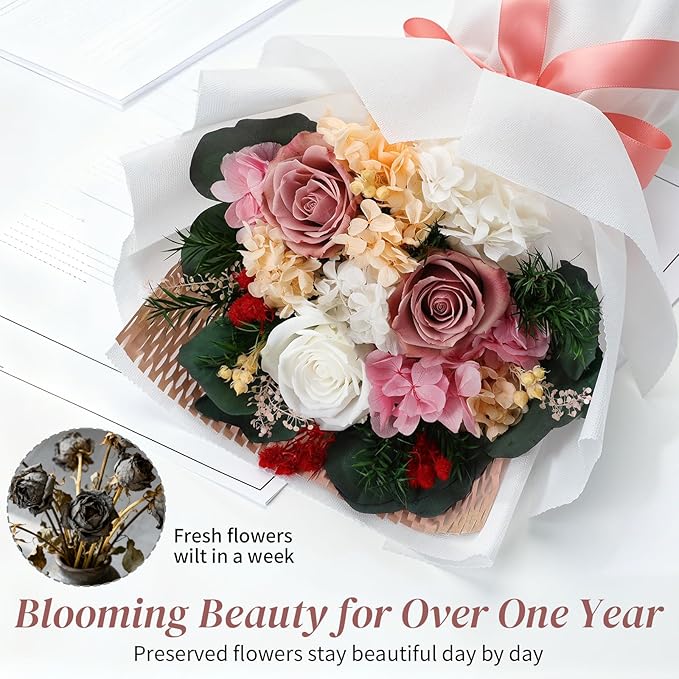 Lewondr Flower for Delivery, Preserved Flowers Bouquet, Pink Roses Bouquet, Real Long-Lasting Forever Birthday Flowers Gifts for Mom Women Wife Grandma Her Mothers Day Anniversary, Dusty Rose