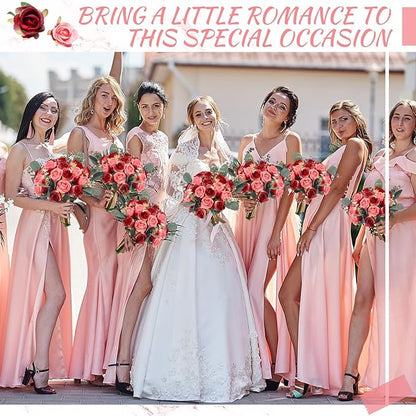 Zeyune 12 Pack Wedding Bridesmaids Bouquets 7 Inch Artificial Rose Bouquets Silk Flowers with Stems Fake Floral Bundles Bulk for Wedding Bridal Shower Party Centerpieces Home Decor(Rose Red)