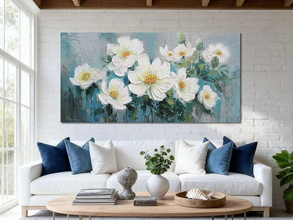 Ardemy White Floral Canvas Wall Art Extra Large Teal Textured Pictures Wall Decor Turquoise Paintings Artwork for Living Room Bedroom Home Office, 58"x29"