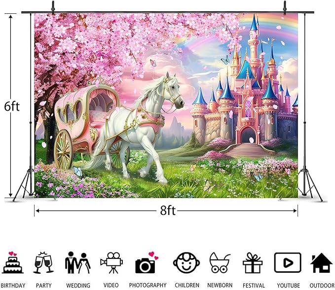 Riyidecor Princess Castle Backdrop Polyester Fabric Pink Sakura Rainbow Flowers Floral Fantasy Fairy Tale Wonderland 8Wx6H Feet White Horse Carriage Photography Background Birthday Photo Studio Shoot