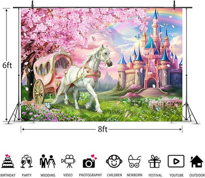 Riyidecor Princess Castle Backdrop Polyester Fabric Pink Sakura Rainbow Flowers Floral Fantasy Fairy Tale Wonderland 8Wx6H Feet White Horse Carriage Photography Background Birthday Photo Studio Shoot