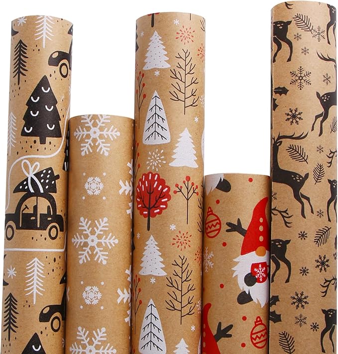 KIMOBER 5 Rolls Christmas Wrapping Paper,Brown Kraft Paper with Xmas Elements and Cut Lines on Reverse(17in × 118in Per Roll)