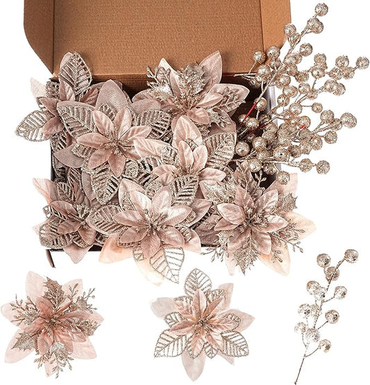 24 Pcs Champagne Boxed Christmas Poinsettia Flowers Set, 16 Pcs Artificial Poinsettias with Clips, 8 pcs Glitter Christmas Tree Ornaments Berry Stems for Wedding Home Holiday Xmas New Year Decorations