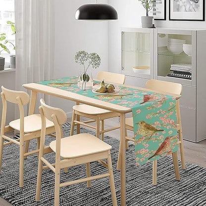 Table Runner with Flowers and Birds, Spring Plant Flowers Table Decoration Linen Table Runner Family Party Party Decorations 13x108 Inches