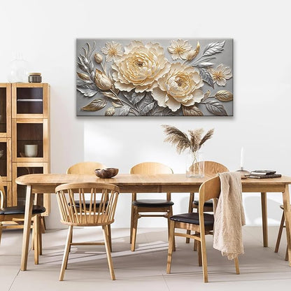 Canvas Art Wall Decor Print Silver White Flowers Wall Art For Living Room Picture Modern Landscape Painting Home Wall Decor 24" X 48"Bedroom Office Artwork