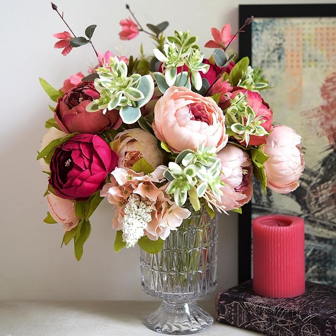 FiveSeasonStuff Pinkish Red and Dusty Pink Vintage Artificial Peonies Silk Flowers and Hydrangeas for Wedding Bridal Home Decor – Beautiful Floral Centerpiece Bouquet (Passion Blush)