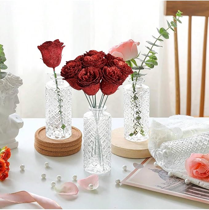 Artificial Roses, 30PCS Red Glitter Silk Roses for Wedding Bouquet, Party, Christmas, Home Decor