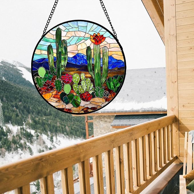 Stained Glass Window Hanging, Green Cactus Suncatcher for Doors Window Home Plant Landscape Sun Catchers Decoration Mother's Day Birthday Gifts for Women, Men, and Mom 7.8 in