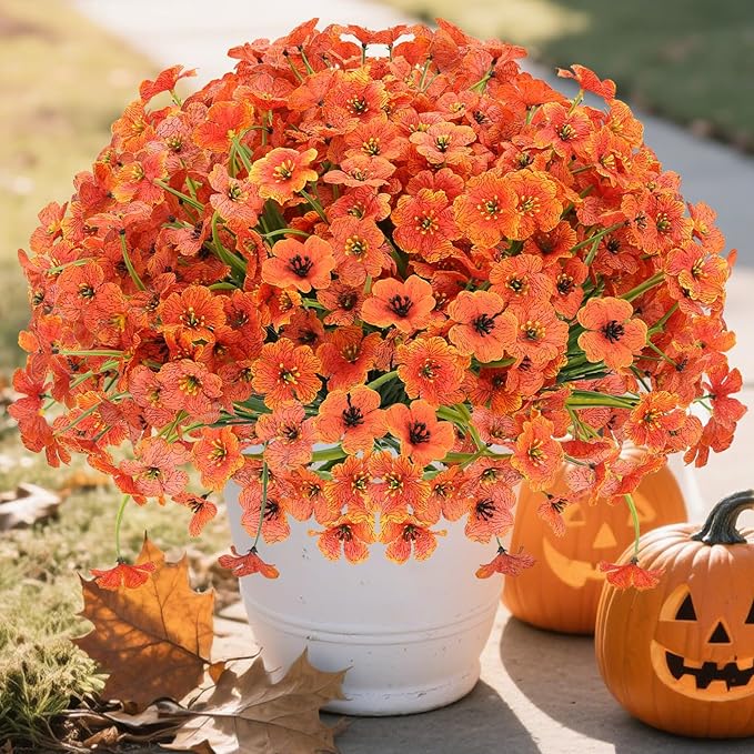 20 Bundles Fall Flowers Artificial for Halloween Decoration, Fake Flowers Faux Plants Silk Colorful Daisy Eucalyptus Realistic UV Resistant for Garden Patio Porch Box Home Decor, Orange
