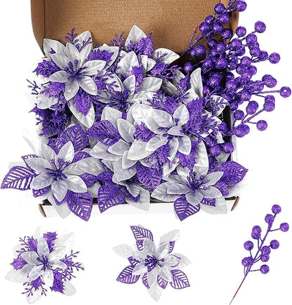 24 Pcs Purple Boxed Christmas Poinsettia Flowers Set, 16 Pcs Artificial Poinsettias with Clips, 8 pcs Glitter Christmas Tree Ornaments Berry Stems for Wedding Home Holiday Xmas New Year Decorations