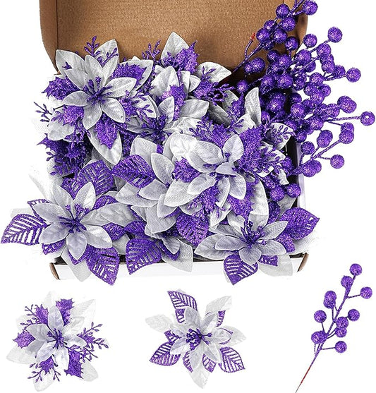 24 Pcs Purple Boxed Christmas Poinsettia Flowers Set, 16 Pcs Artificial Poinsettias with Clips, 8 pcs Glitter Christmas Tree Ornaments Berry Stems for Wedding Home Holiday Xmas New Year Decorations