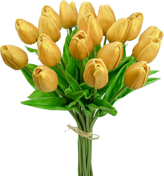 Mandy's Artificial Tulips 20 Stems Gold PU Faux Flowers for Thanksgiving and Christmas Decorations Wedding Home Decor 13.5 Inch