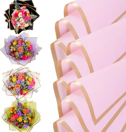 the florist Supply 20 Sheets Premium Flower Wrapping Paper | Waterproof Flower Wrapping Paper for Bouquets | Double Sided Floral Bouquet Sheets | DIY Gifts Borderline Pink/Gold
