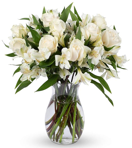 Benchmark Bouquets - Elegance Roses & Alstroemeria (Glass Vase Included) - Fresh Flowers for Delivery - Gift for Graduation, Birthday, Anniversary, Sympathy, Get Well, Congratulations