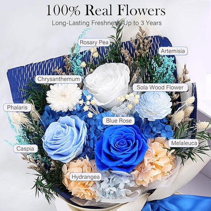 Preserved Flowers Bouquet - Forever Flowers for Delivery, Real Eternal Roses Bouquet for Mothers, Mom, Wife Anniversary Birthday Gifts for Women Men, Blue